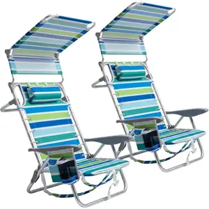 2 Pack Beach Chair with Canopy Shade, Folding Reclining Chair 4 Positions, Portable Backpack Beach Chair with Lay Flat, Cup Holder, Towel Bar & Storage Bags for Outdoor Lawn Camping Pool Patio