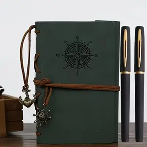 Vintage Business Leather Notebook Set with Metal Buckle, Pirate Theme Compass Design, Durable Cover, Includes 2 Gold Pens