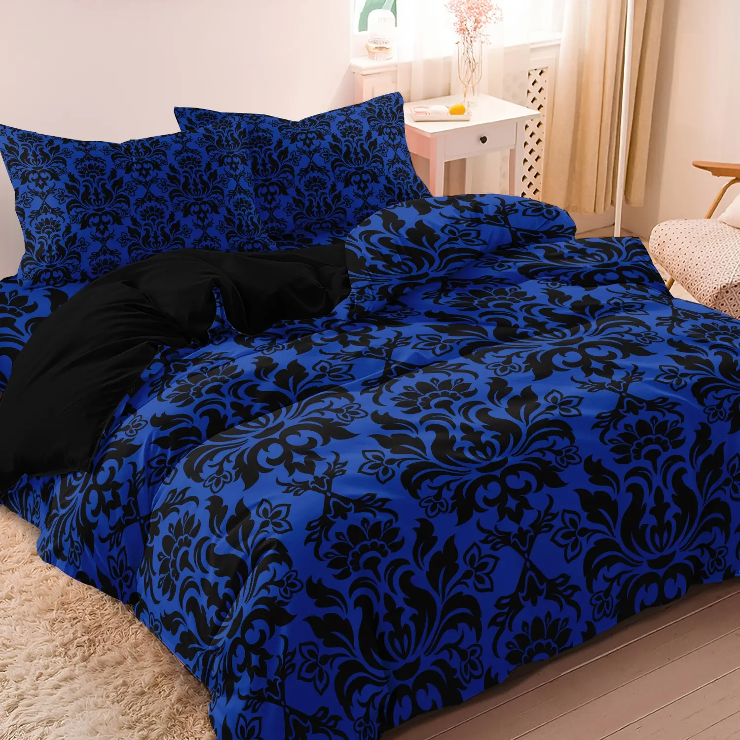 3Pcs Dreamfields Blue & Black Gothic Damask Bedding Set, Soft Microfiber Decorative Duvet Cover Vintage Baroque Floral Bed Set, Wrinkle Resistant & Non-Fading, Bold Aesthetic Room Decor (Included 1 Duvet + 2 Pillowcases, No Comforter)