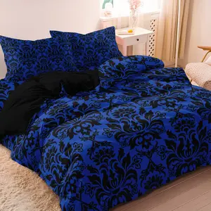 3Pcs Dreamfields Blue & Black Gothic Damask Bedding Set, Soft Microfiber Duvet Cover Vintage Baroque Floral Bed Set, Wrinkle Resistant & Non-Fading, Bold Aesthetic Room Decor (Included 1 Duvet + 2 Pillowcases, No Comforter)
