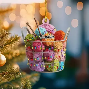 Personalized Knitting Yarns Ornament Christmas, Wool Bakset Knitting Accessories with String Lights Christmas Tree Ornament, Knitting (KT14)