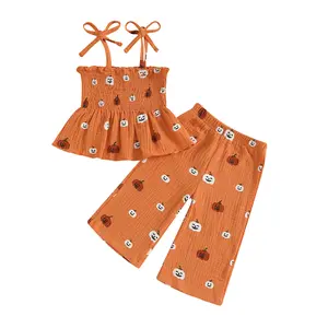 FOCUSNORM Halloween Toddler Baby Girl Outfit Pumpkin Patch Tank Top+Wide Leg Pants Set Kids Little Girl Halloween Clothes