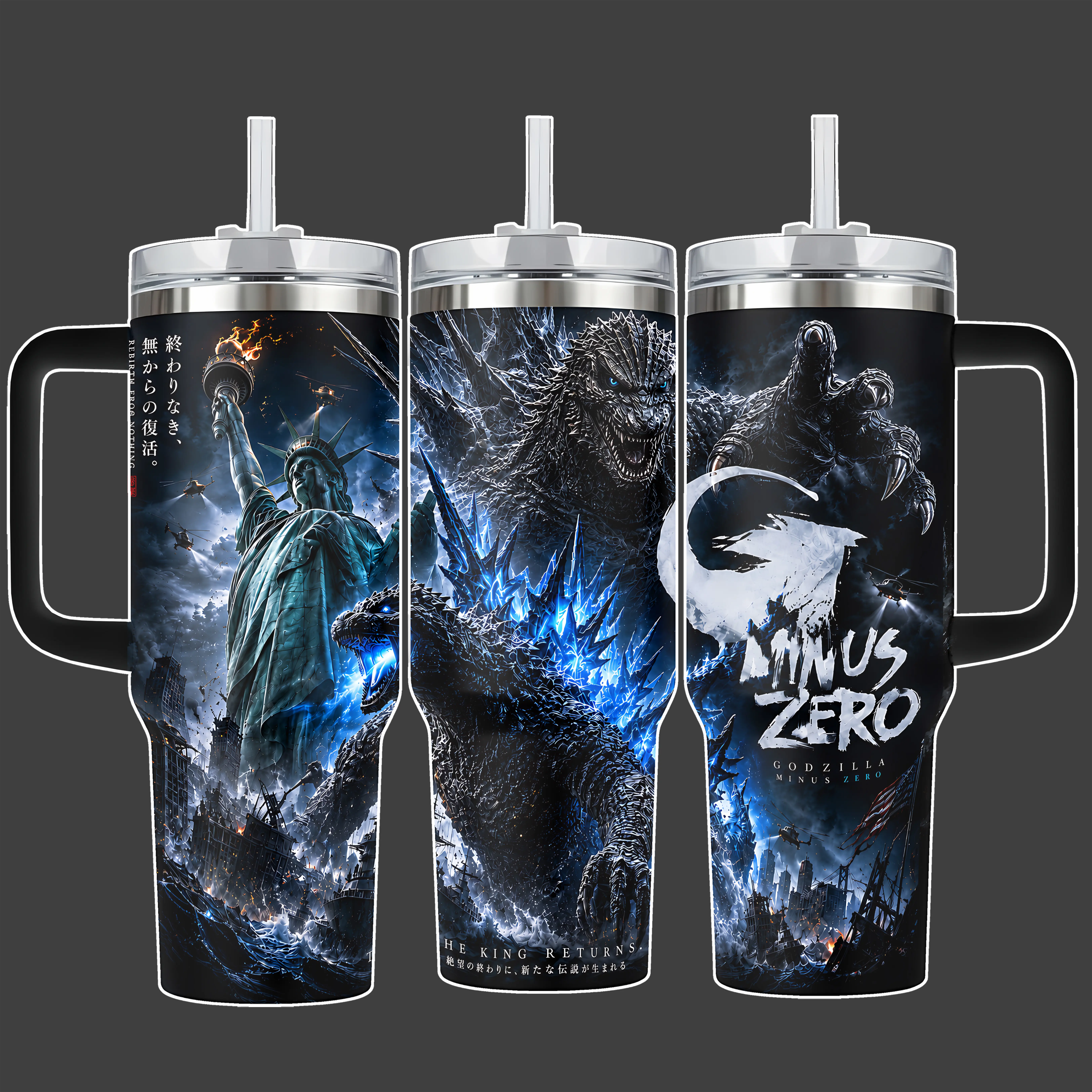Godzilla No Destruction Kaiju Stainless Steel Insulated Tumbler Cup - Atomic Blue Full Wrap, 20oz/40oz, Straw Lid Included