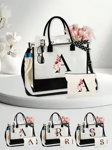 Flower Initial A-Z Handbag, Large Capacity Portable Makeup Bag, Multi-Functional Shopping Bag for Men and Women, Daily Use