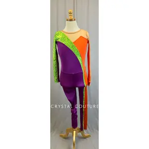 *Brand New* Orange, Purple Lycra and Lime Green Sequin Long Sleeve Unitard with Tan Mesh Accents