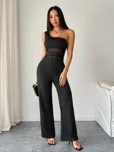 ELI Elegant Solid Color One Shoulder Elastic Waist Jumpsuit for Women, Mesh Splice Design, High Stretch, Breathable Fabric, All Season Versatile, Suitable for Casual and Formal Evening