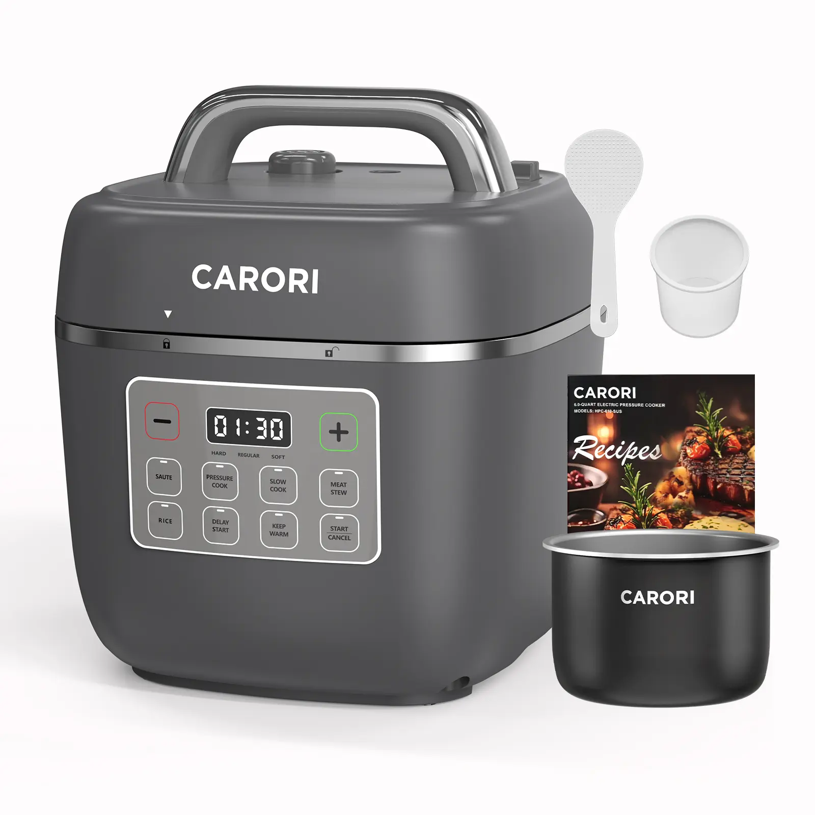 CARORI 3qt Capacity Electric Pressure Cooker - Multifunctional Cooker with 7 Preset Functions, Nonstick Inner Pot, Gray, Suitable for Porridge, Stainless Steel Pressure Cooker, Multifunction Cooking System