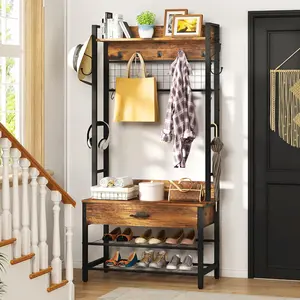 AWQM Hall Tree with Bench & Shoe Storage 5-in-1 Coat Rack,  Farmhouse Style with 12 Hooks for Entryway, Mudroom & Bedroom- TikTok Trending Organizer!