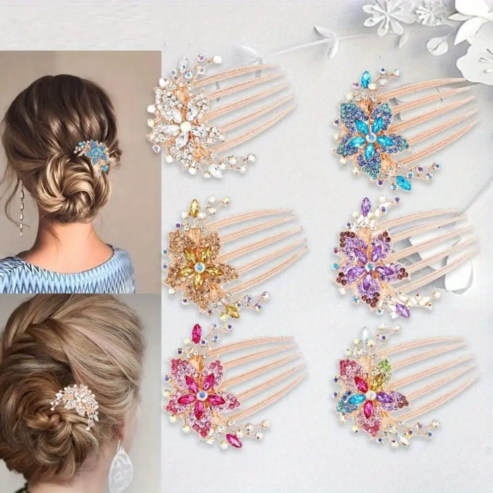 6pcs Set Flower Pattern Bride Wedding Hair Comb Crystal Rhinestone Women's Side Comb Hair Accessories