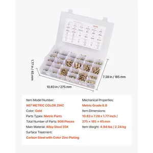 VEVOR 906 Pcs Bolts and Nuts Assortment Kit, Metric Machine Screws and Flat Washers, Alloy Steel M4/M5/M6/M8 Multiple Size, for Equipment Assembly, Vehicle Grade 8.8 Gold-Plated Galvanized