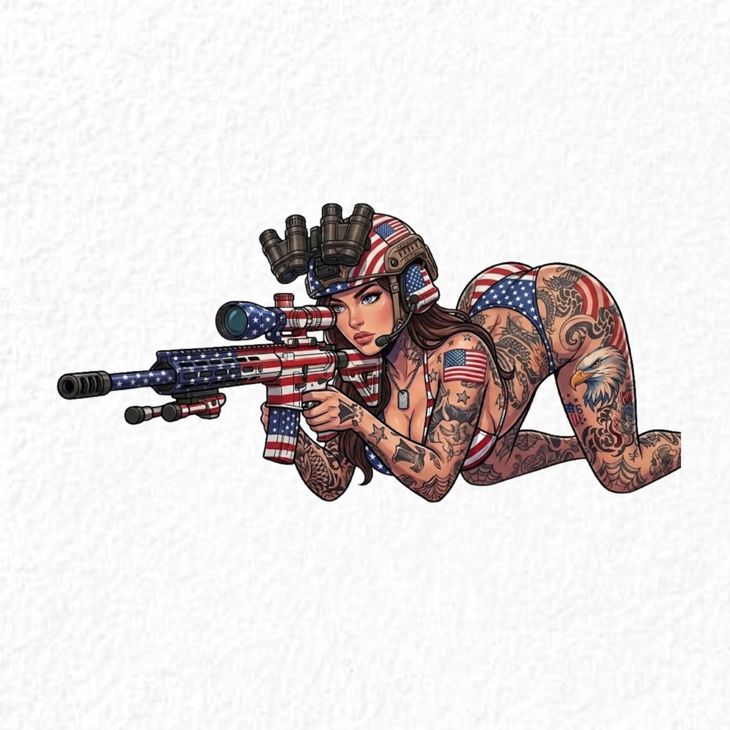 American Flag Sniper Babe Sticker, Crawling Tactical Girl with Night Vision Helmet, Patriotic Rifle Decal