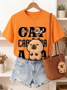 Women's 3D "CAP CABRARA ANA" Animal Print T-Shirt, Y2K Aesthetic, 100% Cotton Fabric, Elastic Ribbed, Oversized Streetwear, Short Sleeve Casual Summer Top, Puerto Rico Football Fan, Comfortable Fit - Anniversary Womenswear Clothes summerwins,summerwins
