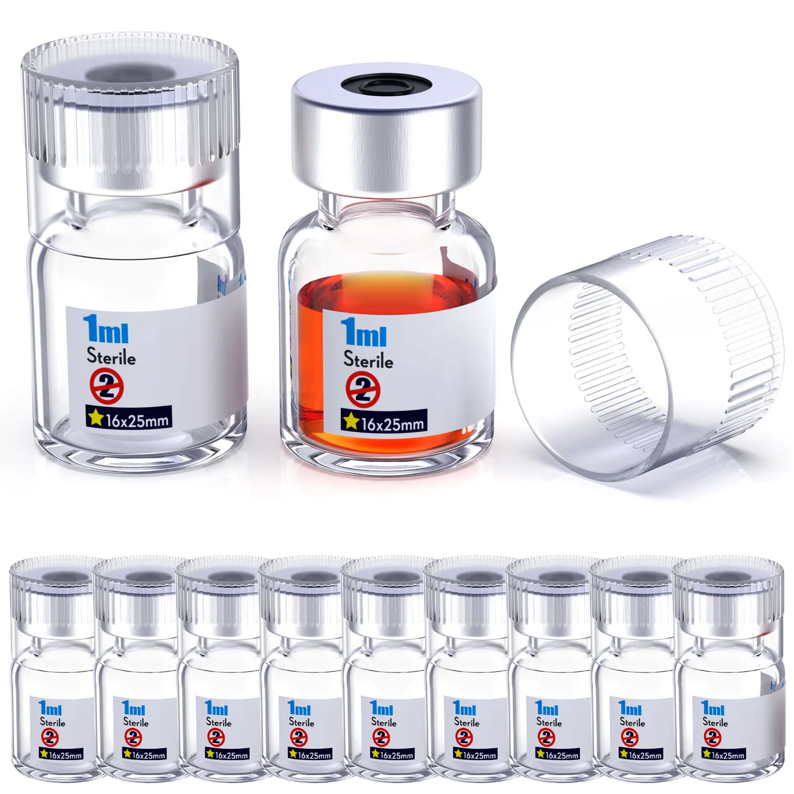 Sterile Empty Glass Vials with Reusable Plastic Caps, Self-Healing Injection Port Seals, Ready-to-Fill Containers for Liquid Injection (Options: 2 ml Amber-10pcs, 10 ml Clear-10pcs)