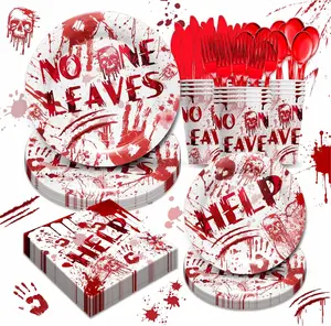 168Pcs Summer Halloween Party Decorations, Bloody Good Time Party Tableware Set, Invludes Plates, Napkins And Cups & Cutlery -Spooky Summerween Decor, Summer Horror Nights Supplies | Serve 24