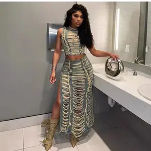 Denim two piece sandwash skirt set