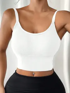 Women Seamless Ribbed Crop Cami U-Neck U-Back Padded Workout Tank For Yoga Daily Outfit