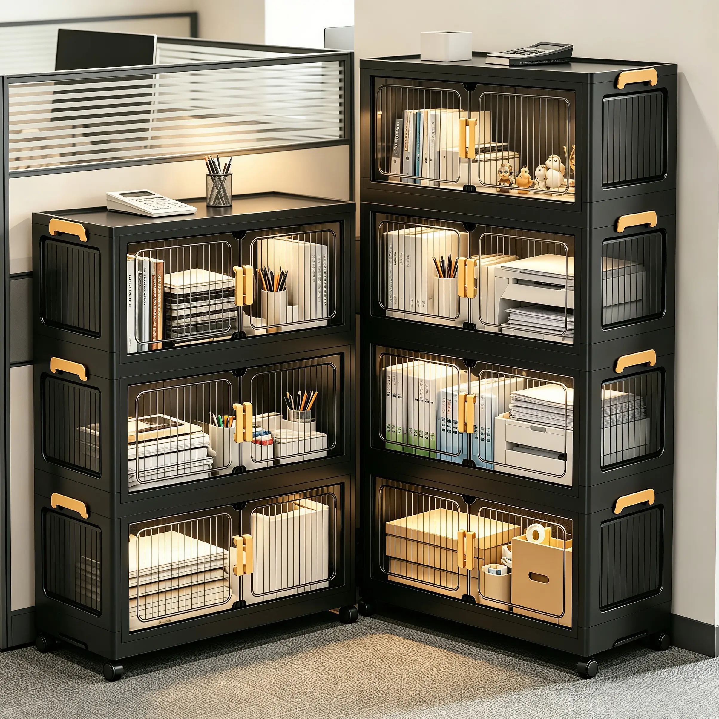 Stackable Freestanding Office Storage Cabinet, Multi-Functional Side File Organizer, MovableDouble Door Filing Cabinet, No-Assembly Layered Modular Storage Unit, Space-Saving EasySetup, Perfect For Home, Garage, Office, Warehouse & Schooll