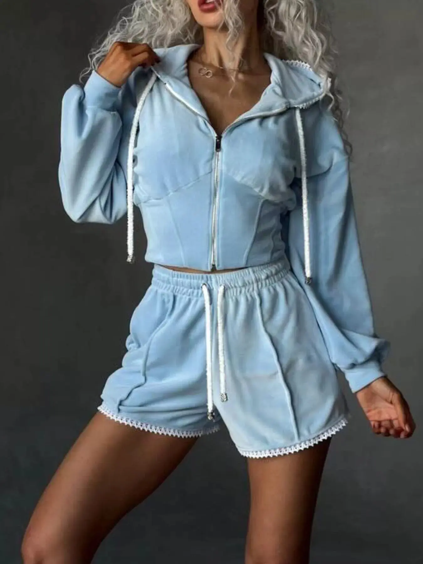 Zip Up Hooded Outerwear and Shorts Set