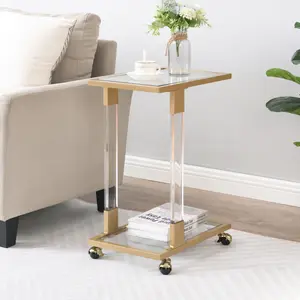 End Table C Shaped Side Sofa Tables with Movable Wheels, Tempered Glass Living Room Table Couch C Table Transparent for Bedroom Home Furniture