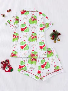 Women's All Over Print Button Front Shirt & Shorts Pyjama Set, Comfort Two-piece Pj Set for Homewear, Women's Sleepwear for All Seasons, Pajamas
