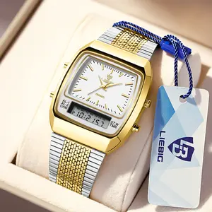 LIEBIG Gold-Tone Square Watch | Roman Numerals + Digital Display | Water Resistant