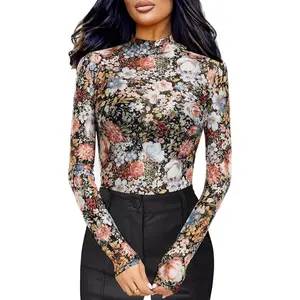 Floral Mesh Long Sleeve Tops for Women Mock Neck See Through Fitted Sexy Going Out Top