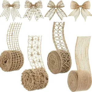 Natural Burlap Ribbon with Lace Bow, Perfect for DIY Crafts, Wreaths, Gift Wrapping, Wedding & Home Decor
