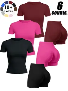 Women's Plain Seamless Knit Shorts and Short Sleeve Sport Set, High Waist Butt Lifting Quick Dry Comfort, Summer Fashion Gym Wear