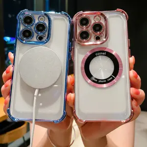 Luxury Multi-Color Transparent Back Panel, Metallic Edges with Magnetic Ring, Full Coverage Anti-Drop Phone Case for iPhone  17 16 15 14 13 12 11 Plus Pro Max Air E& Samsung S21 S22 S23 S24 S25 Pro Plus Ultra FE EdgeSeries