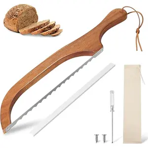 Bread Slicer for Homemade Bread, 15.7 In Wooden Sourdough Bread Knife- Ergonomic Design, Premium Stainless Steel Serrated Bread Bow Knife for Precise Cutting Baguettes Bagels