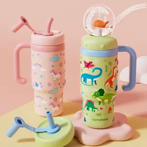 【COMOBEBE】24oz Stainless Steel Whale Fountain Tumbler – Spill-Proof, Two Lids, Dishwasher Safe, Durable Handle, Adorable Design for Everyone