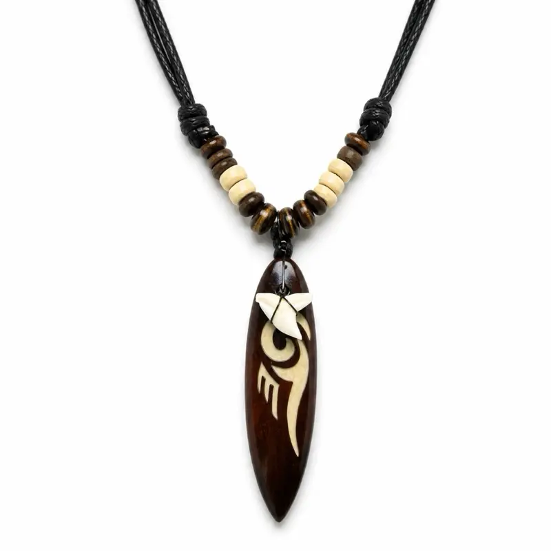 Real Shark Tooth Surfboard Necklace Wooden Pendant Adjustable Beach Surfer Choker