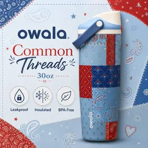 Owala Common Threads 30oz FreeSip Sway Travel Tumbler – Leakproof Insulated Stainless Steel Water Bottle, Red Blue Bandana Print