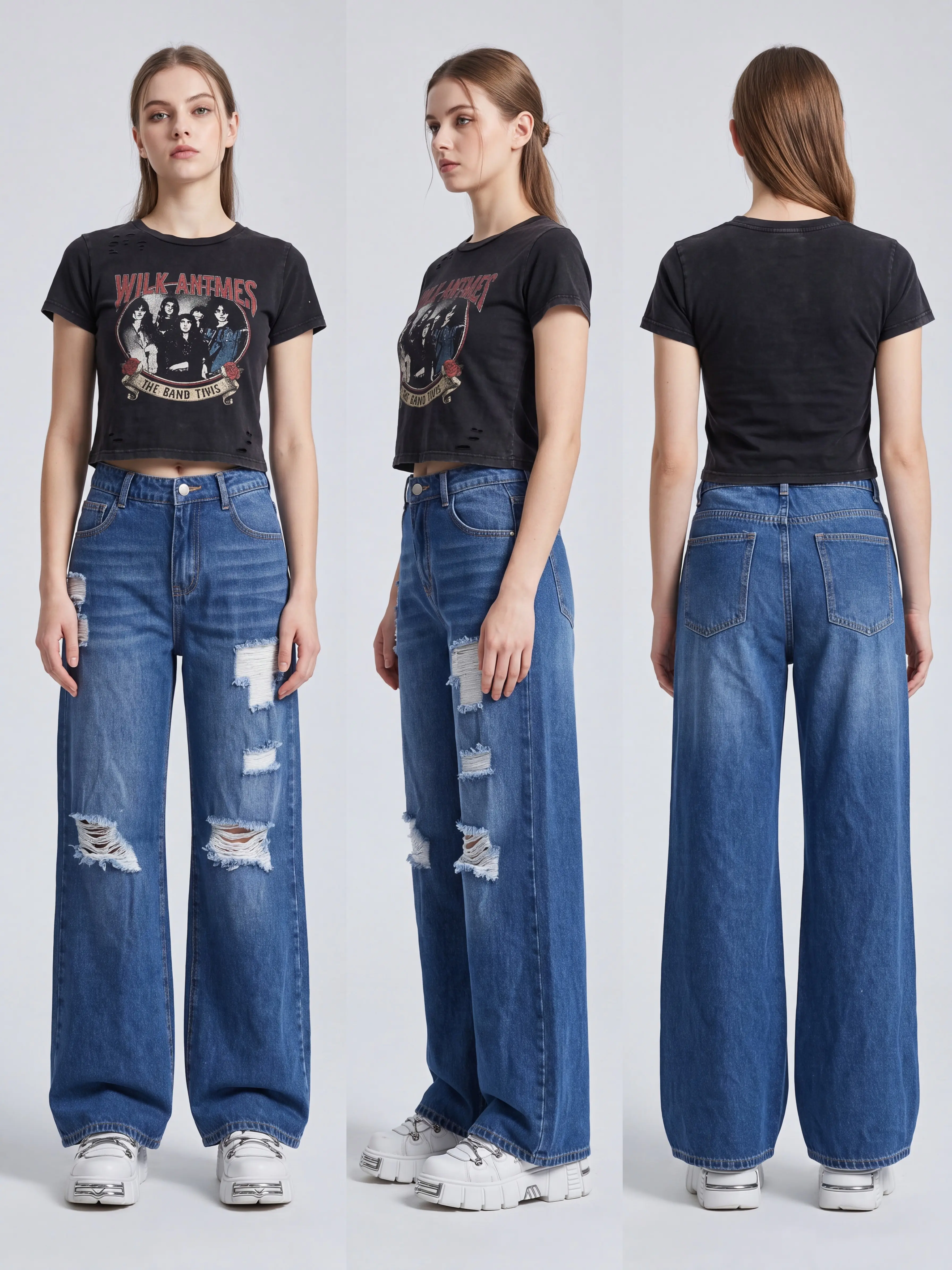 THUNDER STAR Womens High Waisted Wide Leg Jeans Stretchy Distressed Denim Pants