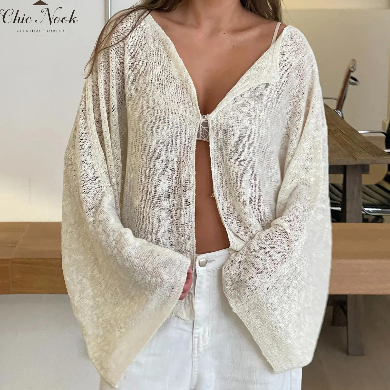 Women‘s Loose Cardigan Solid Boat Neck Hook and Eye Long Sleeve Knitted Tops Casual Fall Clothes Womenswear