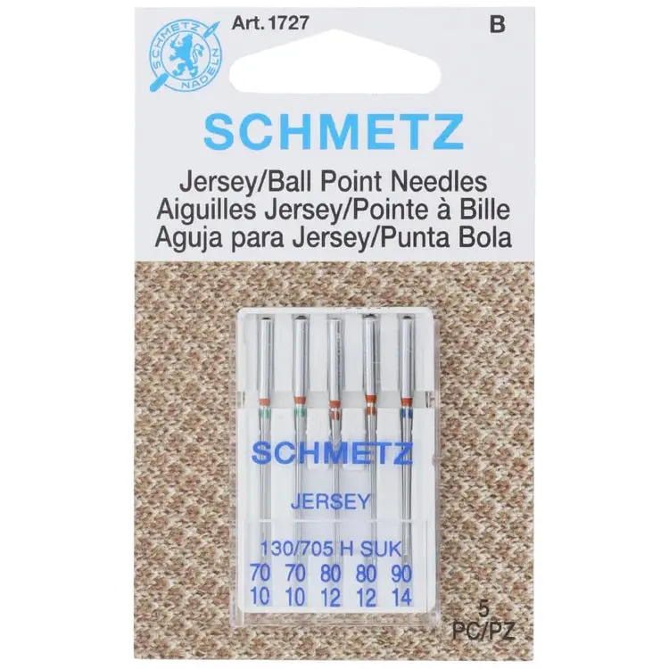 Genuine Schmetz Jersey-Ball Point Sewing Needles - Ball Point Tip, Interlock Compatible, Fits Most Household Machines, Assorted Sizes, 5-Pack (1727) for Jersey, Baby Clothes, T-Shirts, Fabric, Knit Fabric