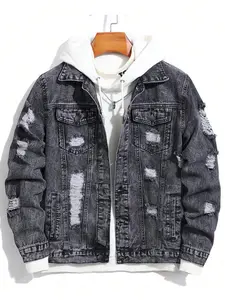 Men's Long Sleeve Ripped Denim Jacket, Black Jacket For Rapper Going Out Hang Out Commute Work Street , Fall