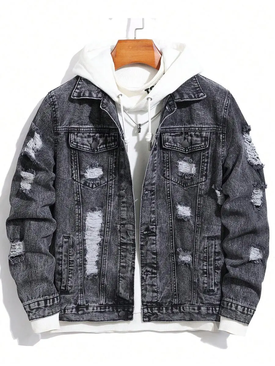 Men's Long Sleeve Ripped Denim Jacket, Black Jacket For Rapper Going Out Hang Out Commute Work Street , Fall