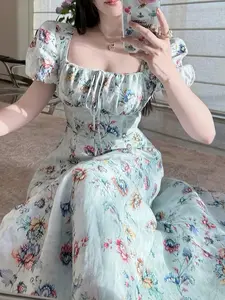 aodebiao Spring New Arrivals Resort Casual CollectionBoho Casual Vacation Style Floral Women's Dress Bubble Sleeves, Summer Holiday Casual Wear, Sweet Style, Slim-Fitting Long Woven Fabric, Casual Boho Chic, Bohemian