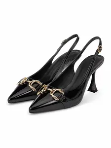Women's Elegant Pointed Toe Slingback Heels - Patent Leather Pumps with Gold Hardware
