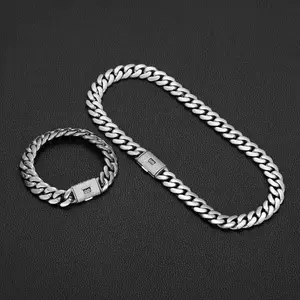 [Star Long]【2pcs Set】Sliver Vacuum-gold Plated Black S 14mm Miami Cuban Link Chain Hip Hop Necklace and Bracelet with 5A+ Canada Zircon CZ Jewelry Fashionable Accessory Valentines Gifts for GF Men Women Monaco Mexico & Micro chains unisex, Daily Wear