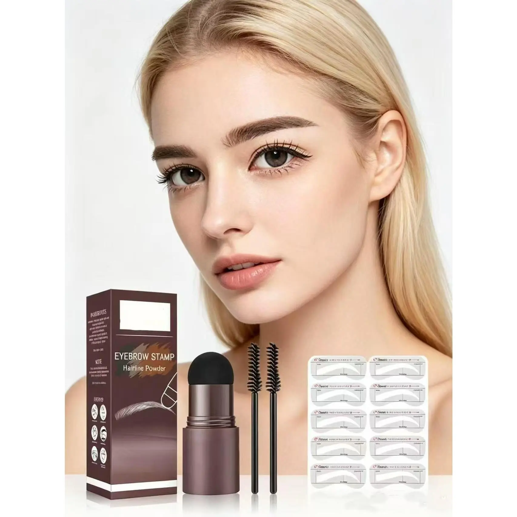 Silky Fluffy Eyebrow Stamp Kit - 1-Step Lazy Waterproof Brow Makeup Powder, Dual-Use Filler for Eyebrows & Receding Hairline, Lightweight Daily Flawless Face Contour Shadow Tool with Stencils