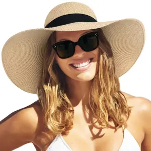 Womens Sun Straw Hat Wide Brim Summer Hat Foldable Packable Floppy Beach Hats for Women