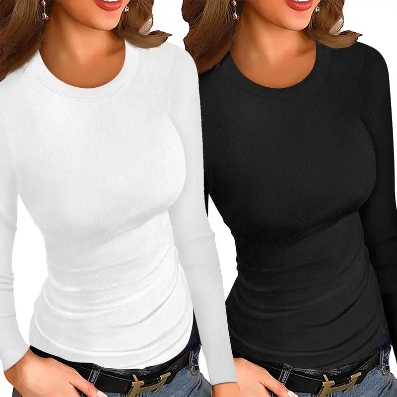2 Pack Womens Fall Ribbed Basic Shirts Long Sleeve Stretch Slim Round Neck Casual Top Womenswear Fabric basic tops blouseswomen