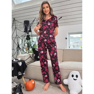 SERACAL Premium 2-Piece Women's Satin Pajama Set, Halloween Themed Pullover Loungewear, Luxury Spring Summer Sleepwear for All-Day Home Relaxation & Night Sleep
