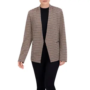 Collarless Open Front Menswear Plaid Unlined Blazer