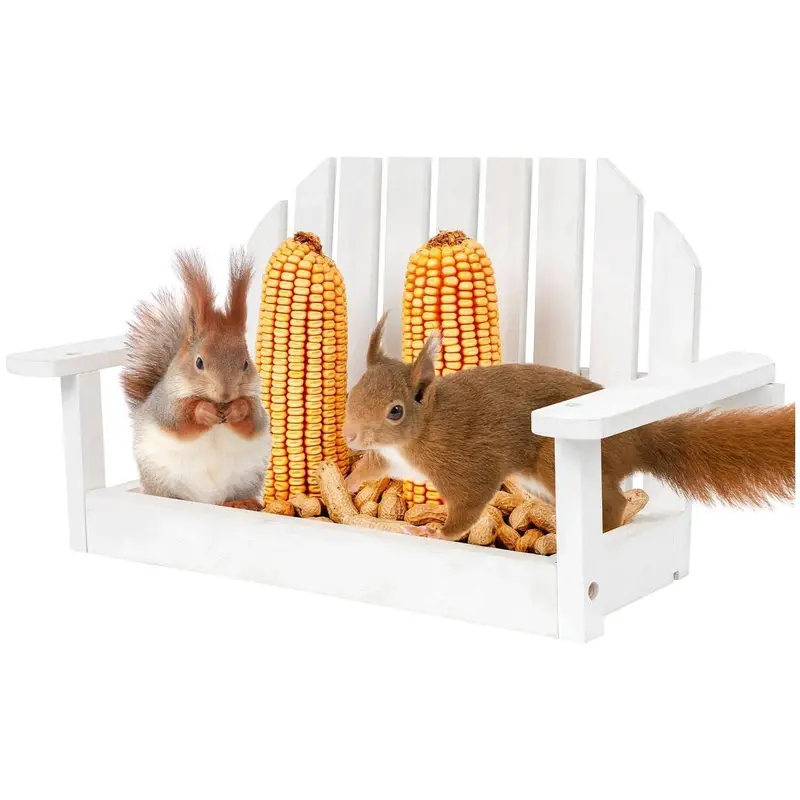 White Swing Wooden Outdoor Squirrel Feeder - With Two Corn Holders for Peanuts and Nuts