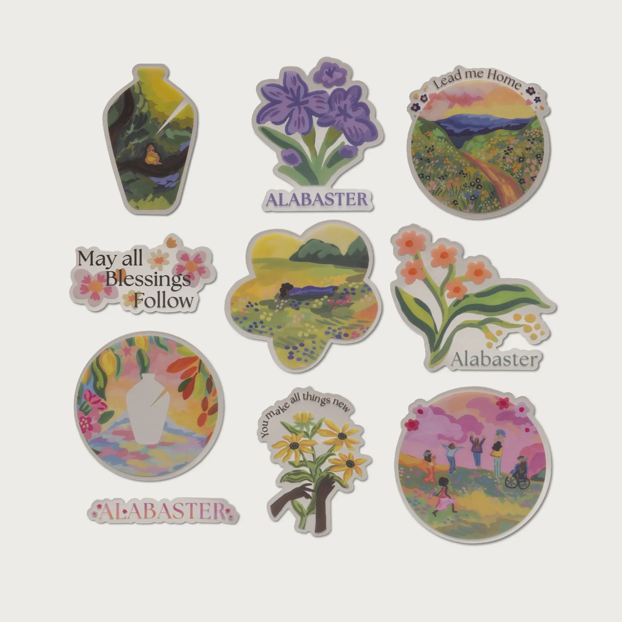 Alabaster Aesthetic Sticker Pack - 10 Pcs Waterproof Matte Vinyl Floral Labels & Stickers, Decorative Colorful Tiles for Water Bottle Decor, Office Stationery Supplies