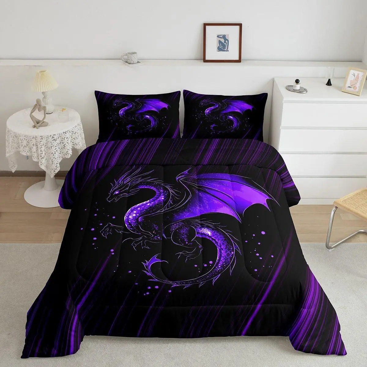 Kids Purple Black Ombre Comforter Set ,Dragon Bedding Set Chinese Dragon Comforter for Kids Boys Girls Animal Duvet Insert Room Decor Bed Set