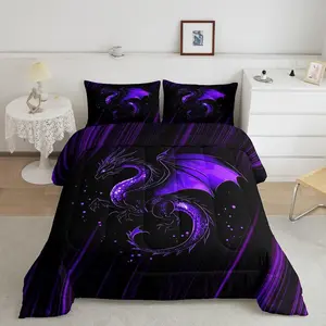 Kids Purple Black Ombre Comforter Set ,Dragon Bedding Set Chinese Dragon Comforter for Kids Boys Girls Animal Duvet Insert Room Decor Bed Set